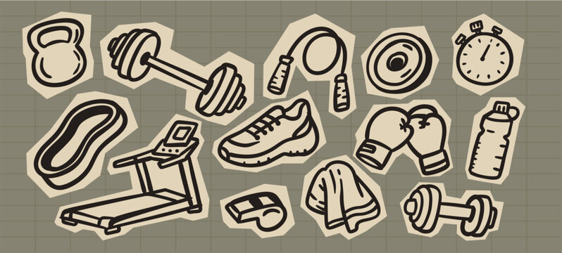 Fitness equipment scrapbook sticker set with dumbbell, kettlebell, treadmill ,jump rope, boxing, gloves and workout accessories vector illustration