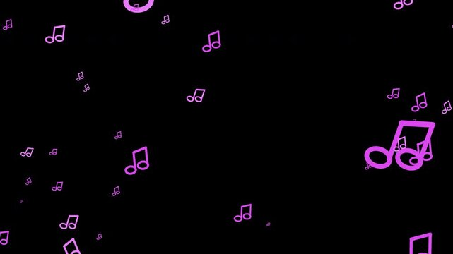 Glowing purple musical notes falling down against a transparent background