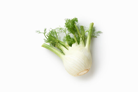 Fresh fennel bulb with green stalks isolated on white background