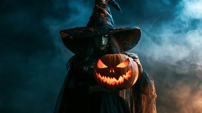 Halloween Holiday Theme. a witch. She wears a pointed witchs hat and a long, flowing cloak. Her face is painted with a sinister, glowing red eye.