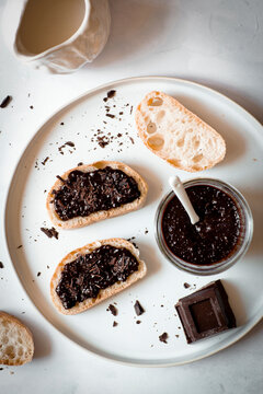 Sliced Slices of bread with chocolate spread and dark chocolate