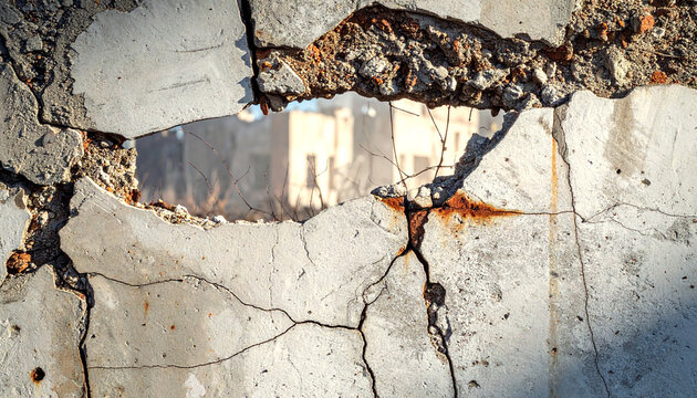 Damaged Concrete Wall with Building View: A close-up shot reveals a severely cracked and crumbling concrete wall, with a view of a building peeking through the damage.