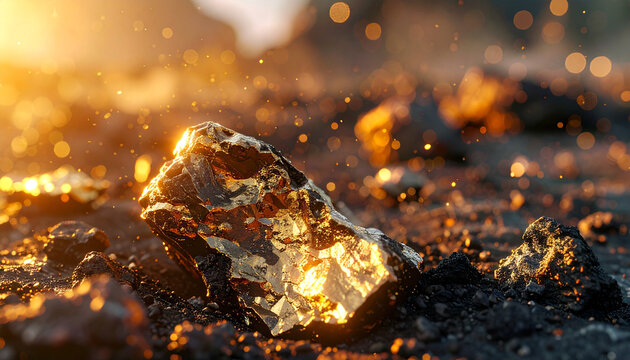 Raw Gold Nugget with Dust: A close-up shot reveals a lustrous gold nugget embedded in dark soil, illuminated by a warm, golden light that highlights its natural shimmer and texture.