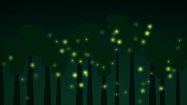 Glowing fireflies flying in dark forest at night seamless loop 2D animation