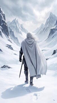 Warrior with silver hair walking through snowy mountain pass. Lone traveler in white cloak carrying sword through winter valley. Panning and tilting camera movement.
