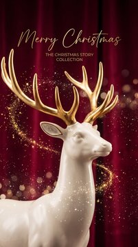 Merry Christmas deer figurine with gold antlers against dark red velvet curtain