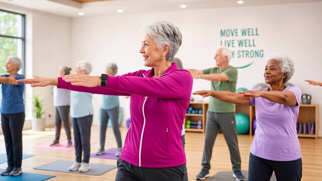 Senior citizens practicing rhythmic arm movements in bright community center gym. Group fitness class for active aging and wellness. Panning medium shot.