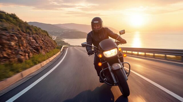 Motorcyclist chasing golden sunset along scenic coastal highway. Tracking shot capturing speed, adventure, and modern travel lifestyle.