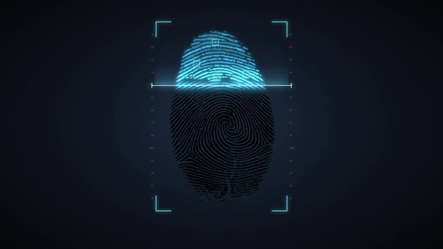 Fingerprint scan animation, black print turns cyan under a scanner line then green with a verified check mark