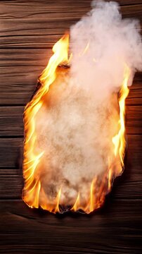 Blazing parchment sheet edges consuming old memories and fragile truth over rustic wooden table. Digital animation with subtle camera panning and tilting.