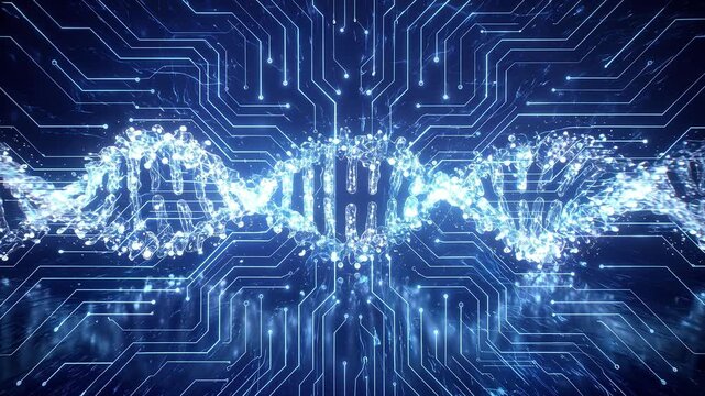 Synthetic biology and digital genetics represented by glowing DNA double helix hovering over illuminated motherboard circuits. Computer generated 3D render.