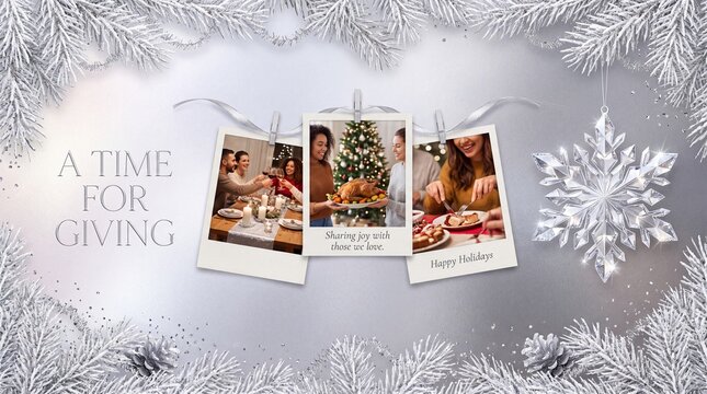 Time for giving polaroid photos with silver pine branches and snowflake ornament