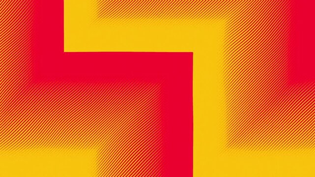 Geometric red lines interlock with vibrant yellow paths in a kinetic 3D animation with raster halftone patterns, channeling bold momentum for high energy sports openers