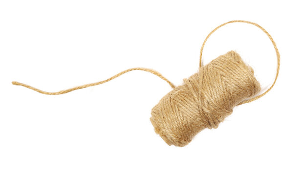 Natural jute rope ball, rustic twine string isolated on white, top view
