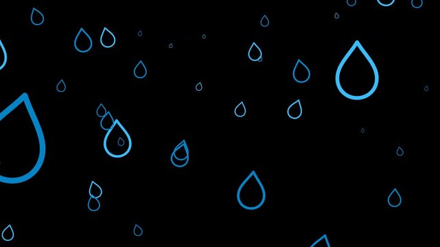 Blue outline raindrops falling down continuously on a transparent background