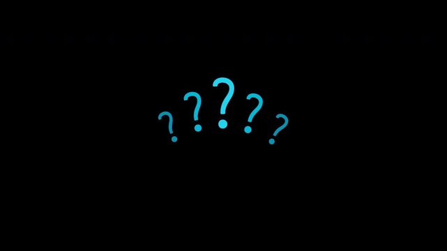 Bright cyan question marks popping up and fading on transparent background