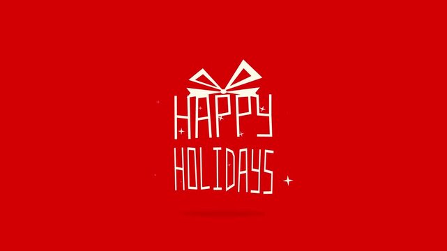 Minimalist Happy Holidays text animation forming a gift box shape with a bow on a vibrant red background with sparkling stars, perfect for festive seasonal greetings and Christmas celebration.