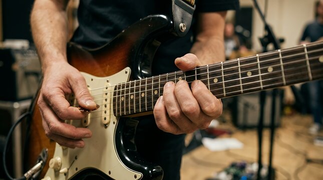 Detailed closeupmusicians fingers pressing frets and strumming strings on modern electric guitar performing live audio acoustic rock melody rehearsal instrument practice session performance
