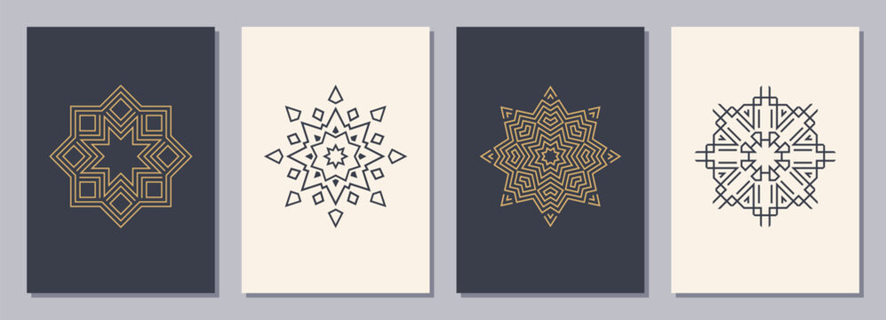 Set of flyers, posters, placards, brochure design templates A6 size with symmetric geometric symbols or snowflakes. Vertical color blanks with isolated geometric signs. Flat design.