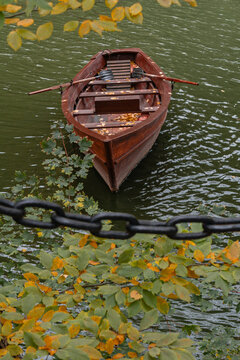 Wooden rowing boat floating among autumn leaves