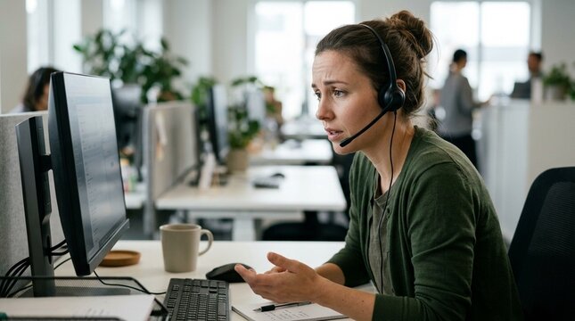 Woman answering worried customer call with headset on, customer support and data breach helpline