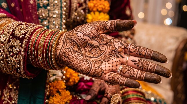 Title:Close-Up of Indian Bridal Hand with Intricate Henna Mehndi Design and Gold Bangles   