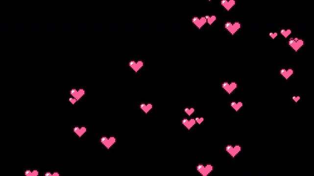 Cute retro pixel art pink hearts floating upward on transparent background
