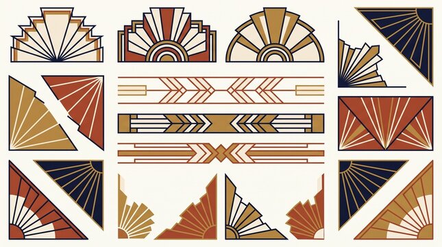 Art Deco design elements set, geometric gold and copper border ornaments, vintage fan and sunburst patterns on white background, elegant 1920s style decorative graphics