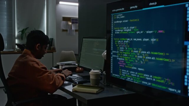 Young adult Asian male software developer coding on dual computer monitors in office. Perfect for IT training promos, cyber security ads, and programming education campaigns