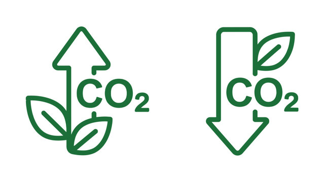 Green CO2 arrows with leaves showing carbon capture and emission flow data