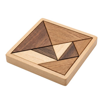 Tangram puzzle set in a light wood frame
