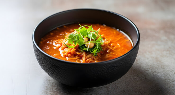 Bowl of hot tomato soup with fresh herbs and chickpeas