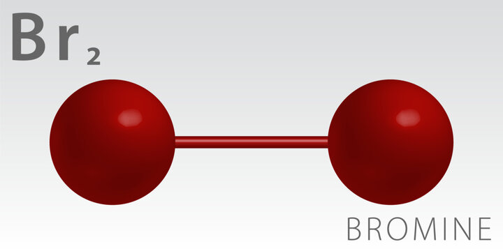 Bromine molecule Cl2  model and chemical formula. Diatomic Bromine.  Halogen. Three dimentional model, Illustration on white background.EPS 10.