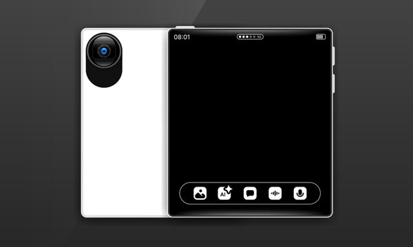 Foldable smartphone mockup with AI assistant screen and rear camera module