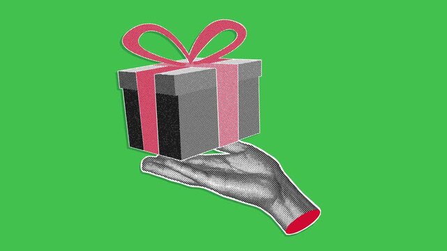 Halftone hand holding gift box with red bow swaying on green background with scribble doodles. Retro pop art style seamless loop for holiday gifting and celebration content.
