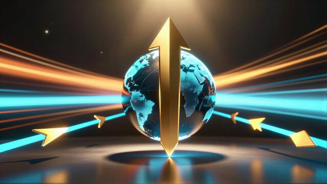 Golden arrow pierces globe, surrounded by dynamic light beams symbolizing global progress.