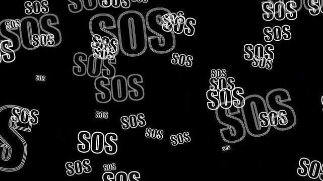 Floating white outline SOS text animation moving across a transparent background