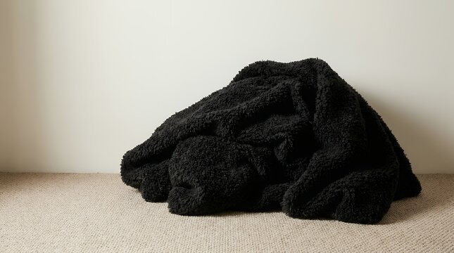 Voluminous piletextured dark textile material resting upon a neutral carpeted floor beside a pale interior partition wall voluminous pile textured dark textile material resting upon neutral