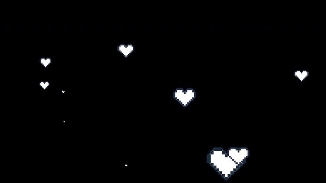 Pixel art white hearts floating upwards on transparent background overlay