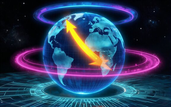 Digital globe with glowing arrow and rings, symbolizing global tech progress.