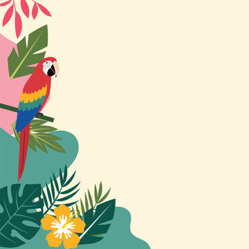 Tropical background design with blue and yellow macaw parrot sitting on tree branch with palm leaves and hibiscus flowers vector illustration