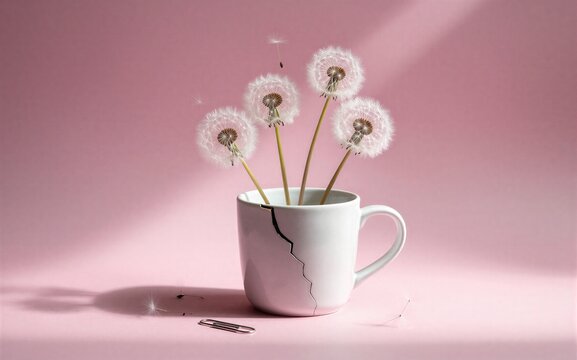 Dandelions bloom in a cracked mug, soft pink background with floating seeds.