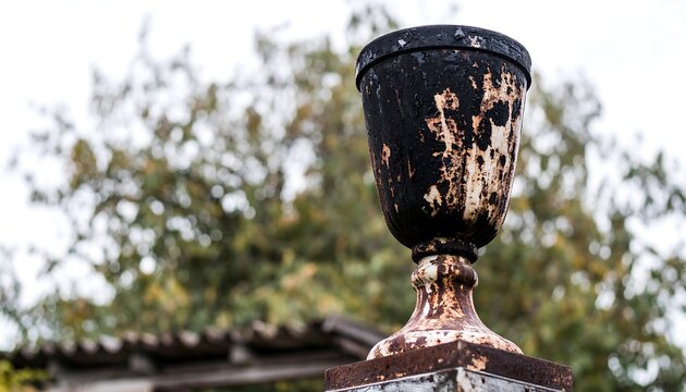 Weathered Antique Metal Urn Situated Outdoors in a Garden Setting