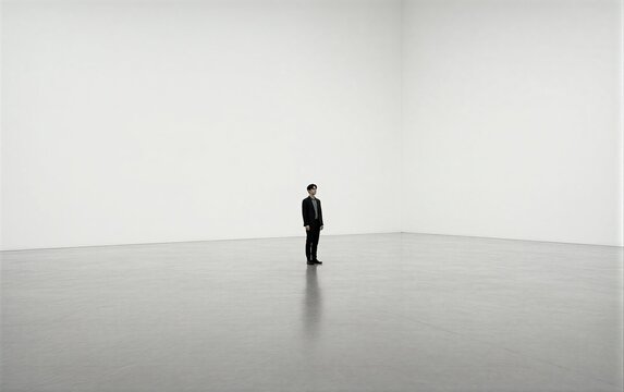 Man stands alone in vast white gallery, gazing upward with quiet contemplation.