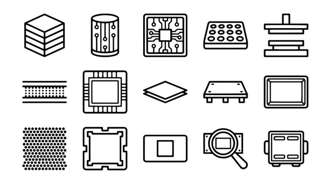 Semiconductor manufacturing icons set, microchip production and electronic component vector symbols, 15 black line tech icons