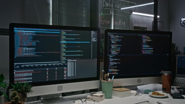 Developer workstation showing computer monitors with programming code during camera pan. Perfect for IT corporate presentations, software engineering, and data science marketing campaigns