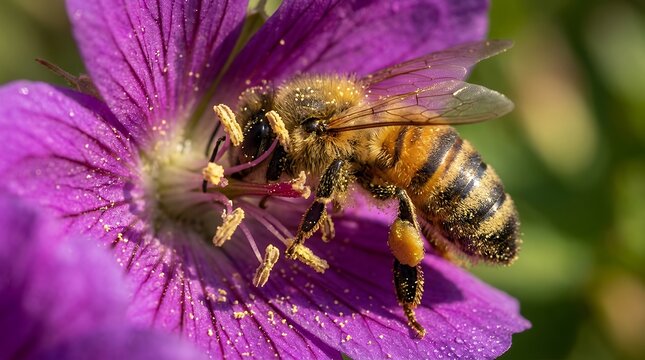 Macro close up shota busy striped bee pollinating and collecting sweet nectar inside a blooming wild flower blossom in spring bee insect pollination flower macro close up nature wildlife