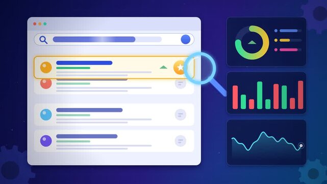 Digital interface displays search engine optimization metrics with dynamic graphs and ranking lists against a blue background