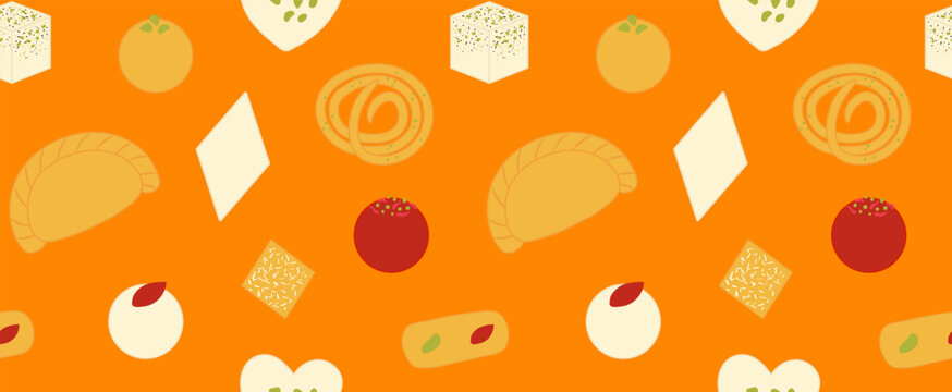 Diwali mithai sweets seamless pattern on orange background. Indian festival of lights food, Dipavali beautiful design Decorative holiday print design. Vector illustration