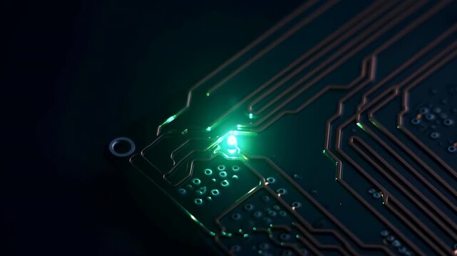 Green light brightens on dark circuit board, illuminating copper-colored tracks and circular contacts in close-up with diagonal patterns, selective focus, and black negative space